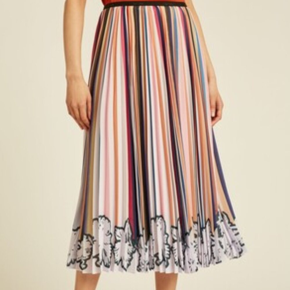 Paul Smith ! Women's Multi Stripe Pleated Skirt With Floral Hem (EU/46)